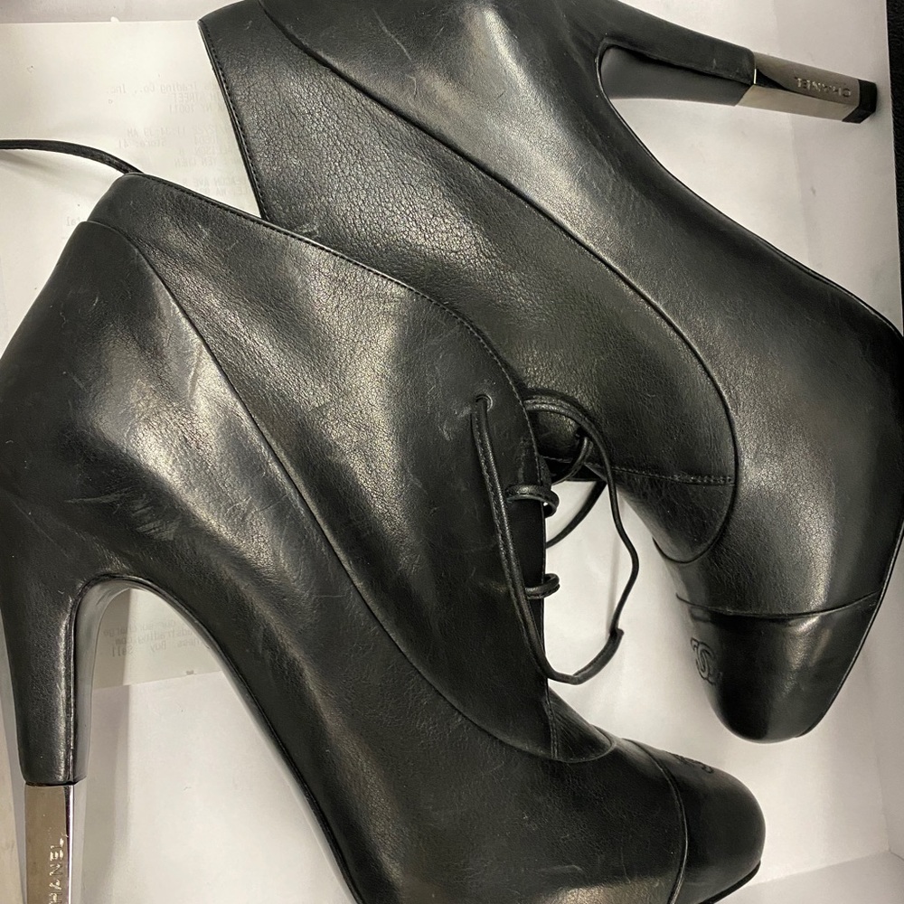 CHANEL Lambskin Cap Toe Short Ankle Boots 37  Black